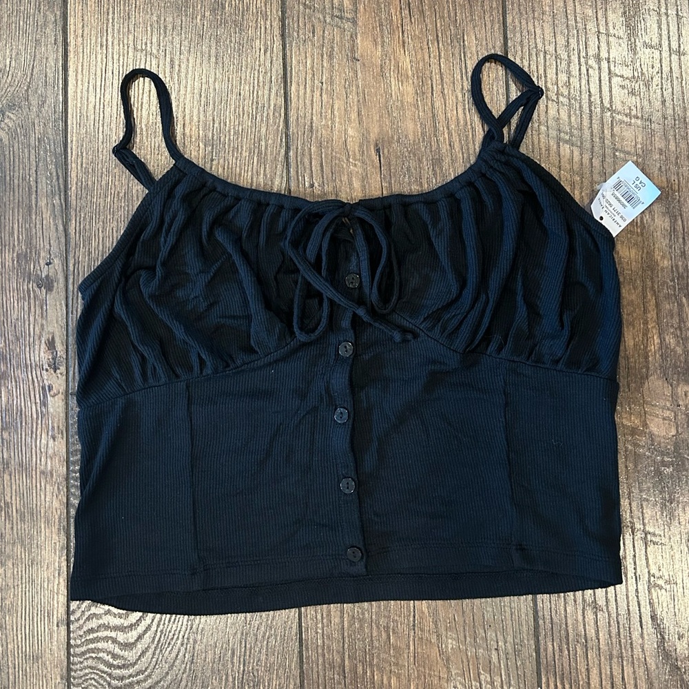 American Eagle Black Ribbed Button-Front Cropped Cami